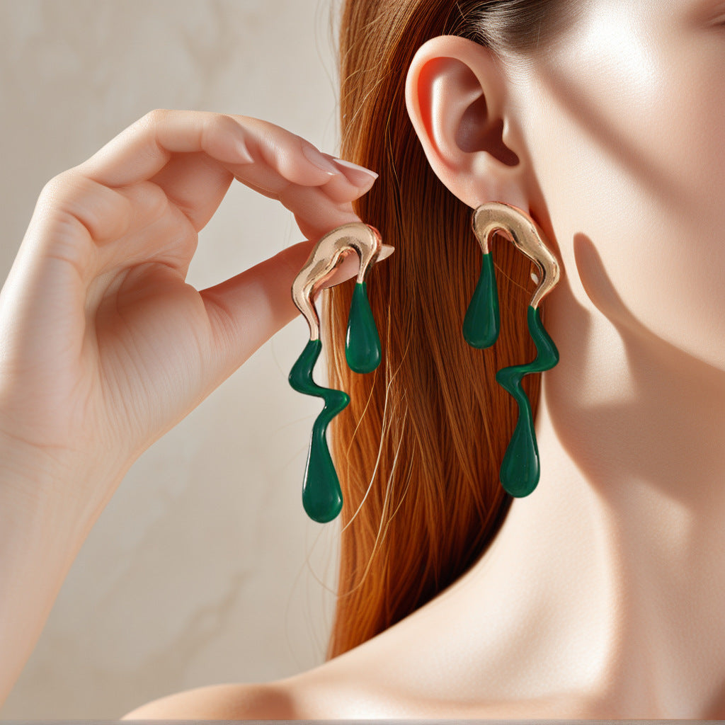 Cordelia Liquid Irregular Earrings - Gold + Green [P4JCNN2X]