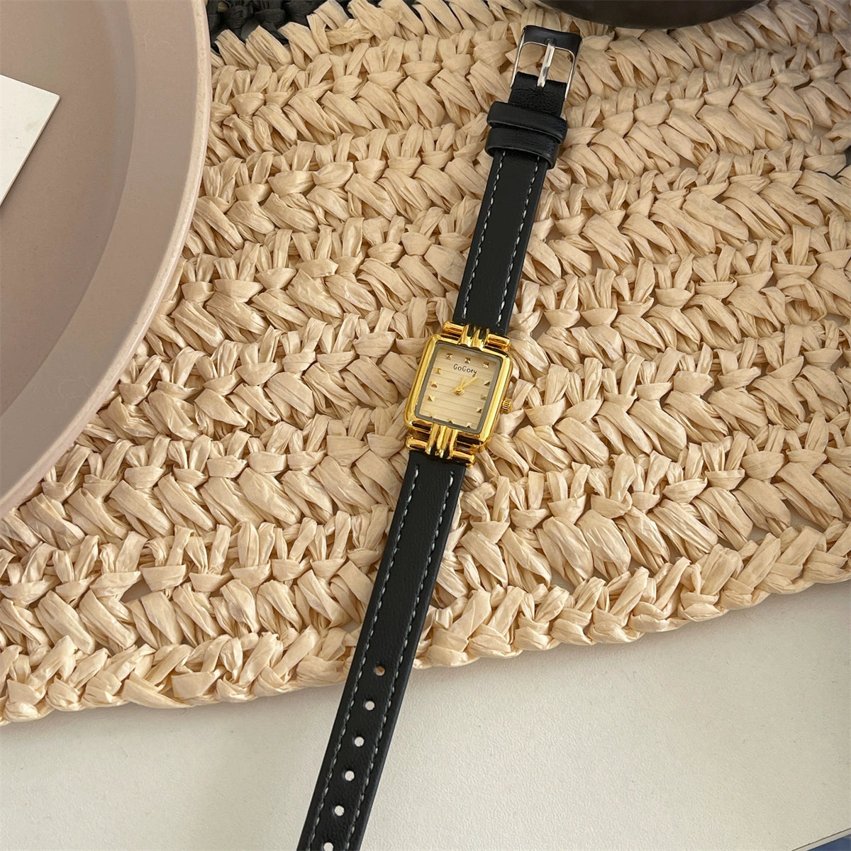 Susanna Vintage Leather Watch - Black Strap, Gold Frame, Gold Dial [MHFCIQKY]
