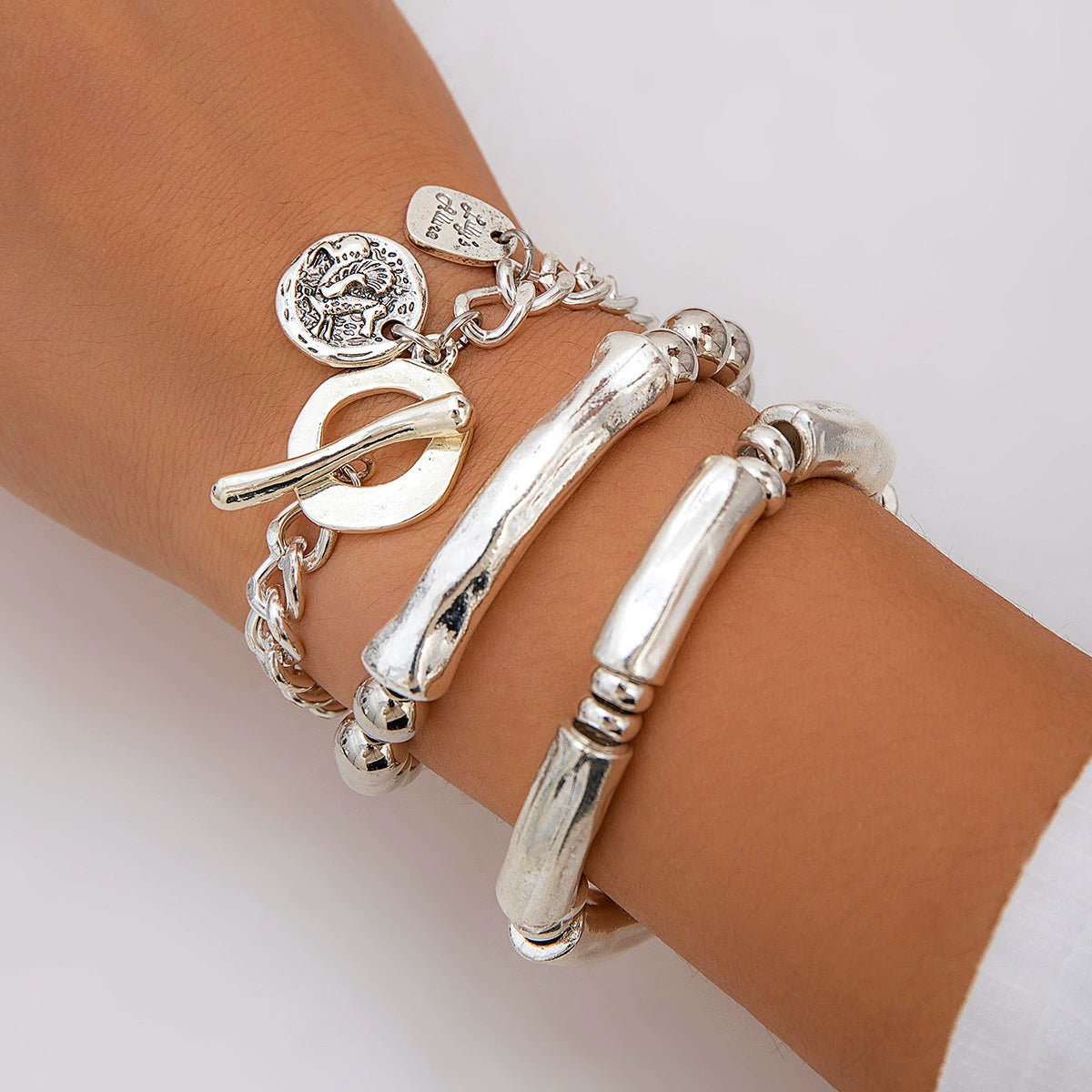Cattleya Layered Charm Bracelet Set - Silver-tone 3-piece Set (Style 06) [7TASW1IK]