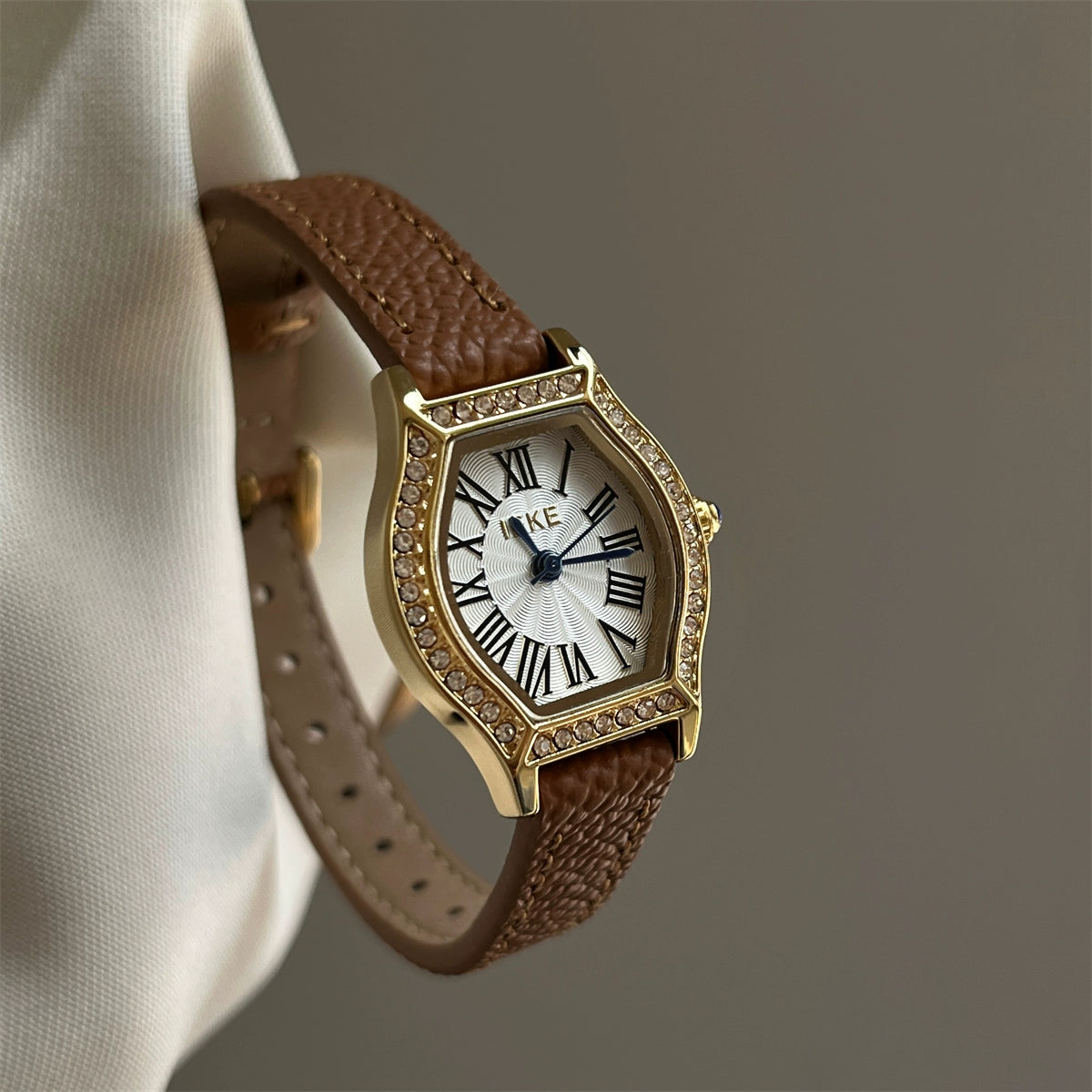 Bristol Embellished Barrel Watch - Brown Strap, Gold Case, White Dial [6SMIFZAO]