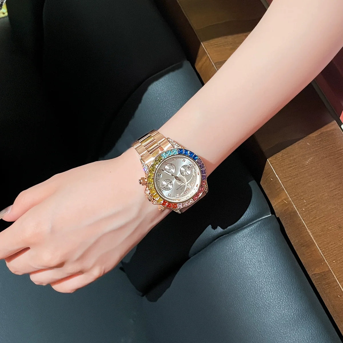 Savanna Rainbow Bezel Mechanical Watch - Rose Gold White Dial Mechanical