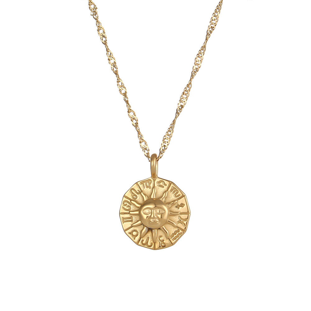 Everett Celestial Sun Necklace - Twelve Constellation Engraved Sun Pendant Necklace [M68UGH0G]