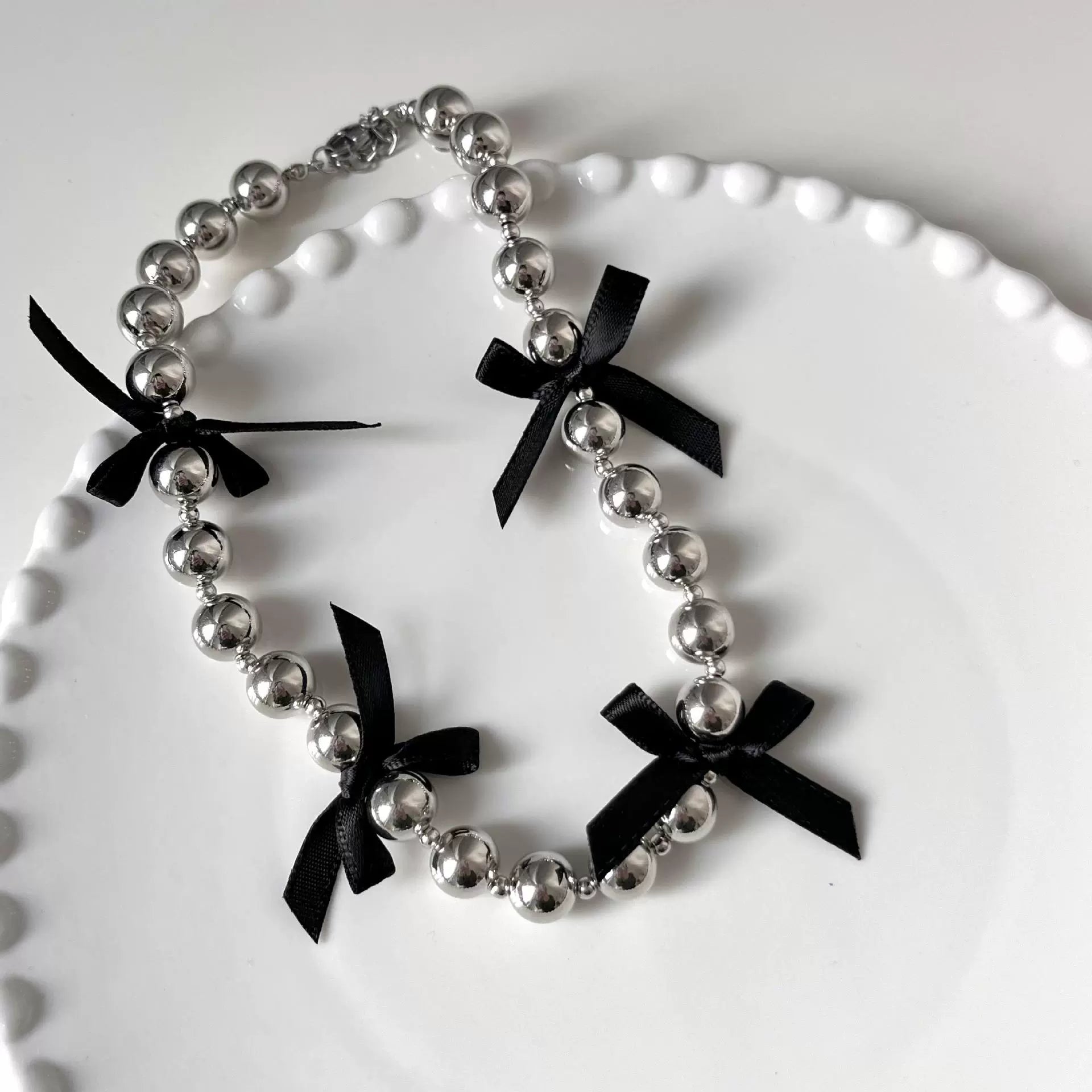 Addaline Ribbon Sphere Choker - Silver Bead Bow Necklace