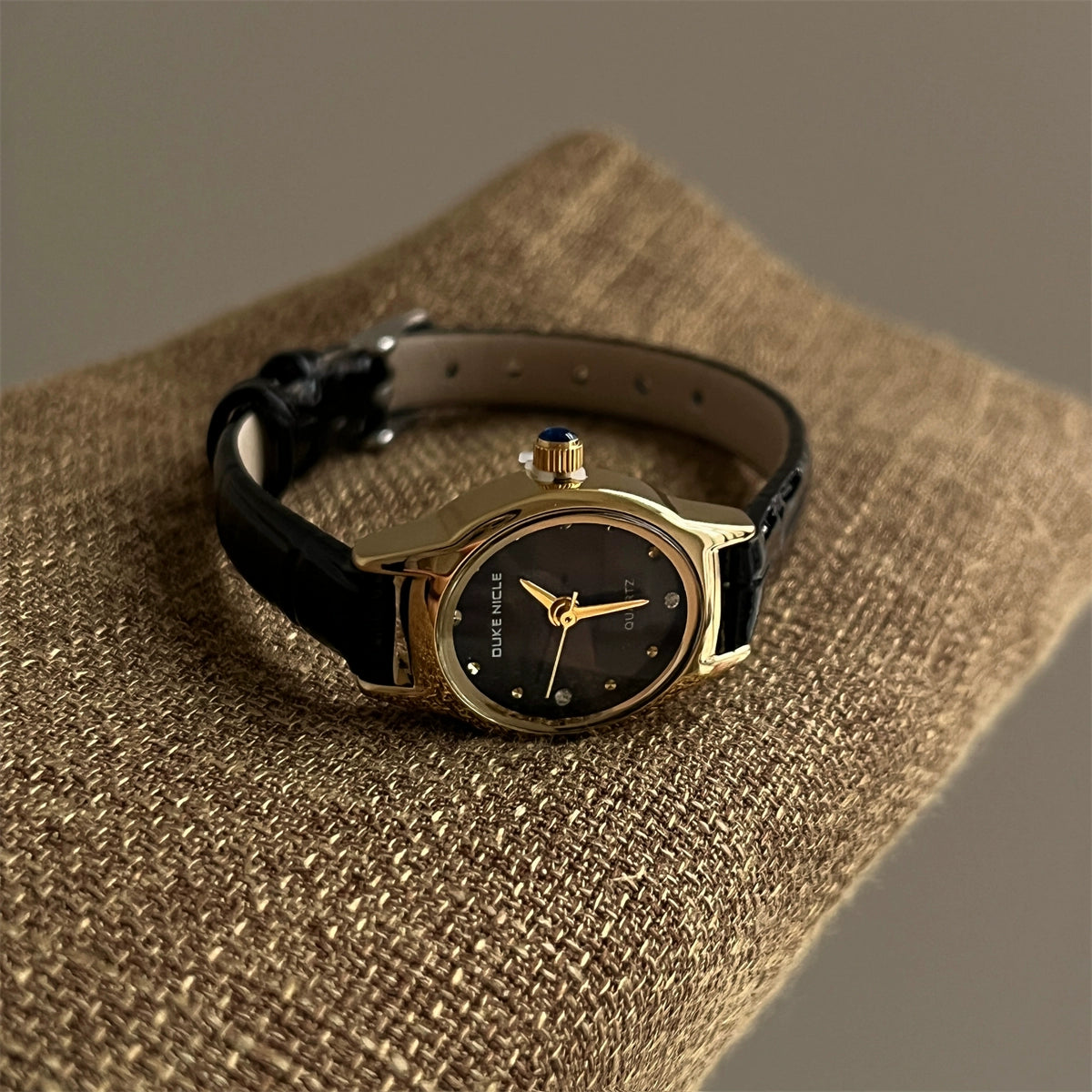 Rowyn Elegant Oval Watch - Black Strap Gold Case Black Dial [CMLWDFMU]