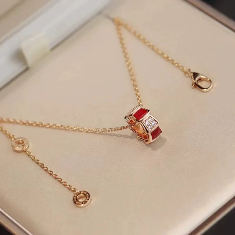 Shahd Serpent Charm Necklace - Rose Gold Red Chalcedony