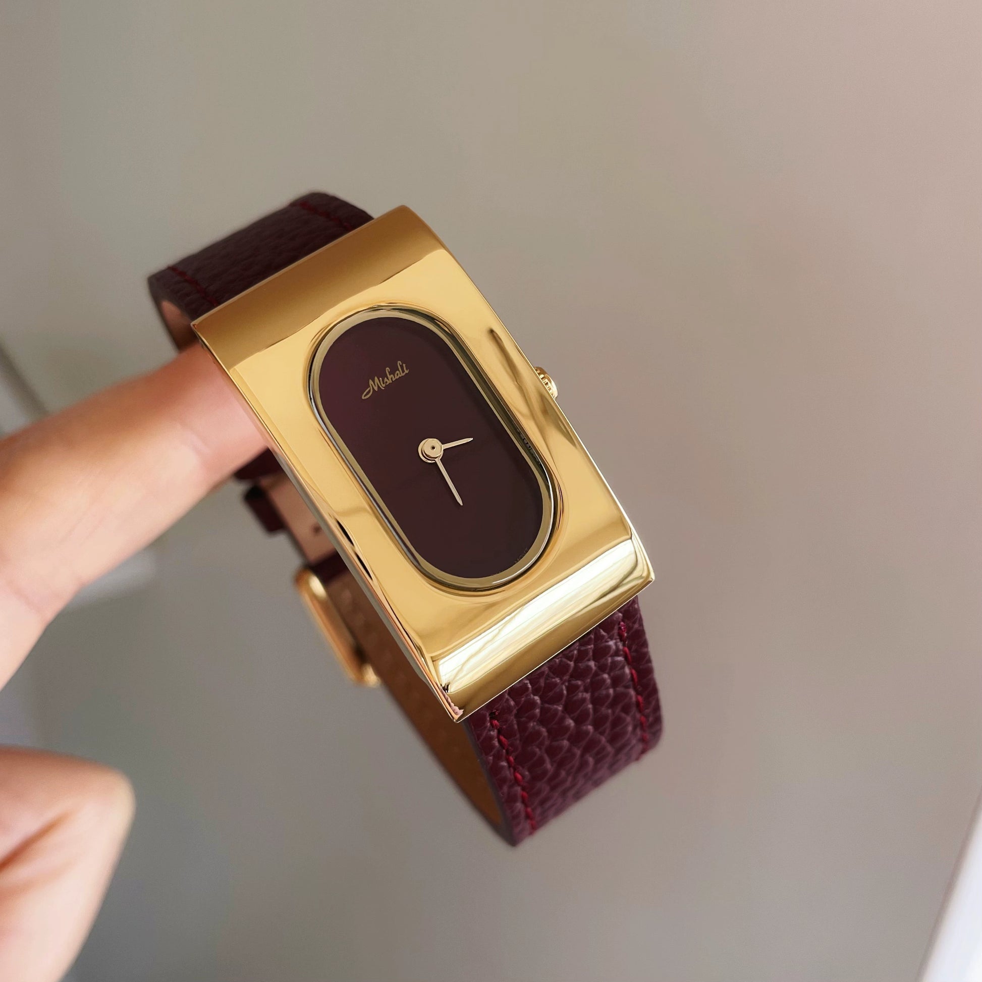 Calianna Heritage Rectangular Watch - Wine Red Gold Case