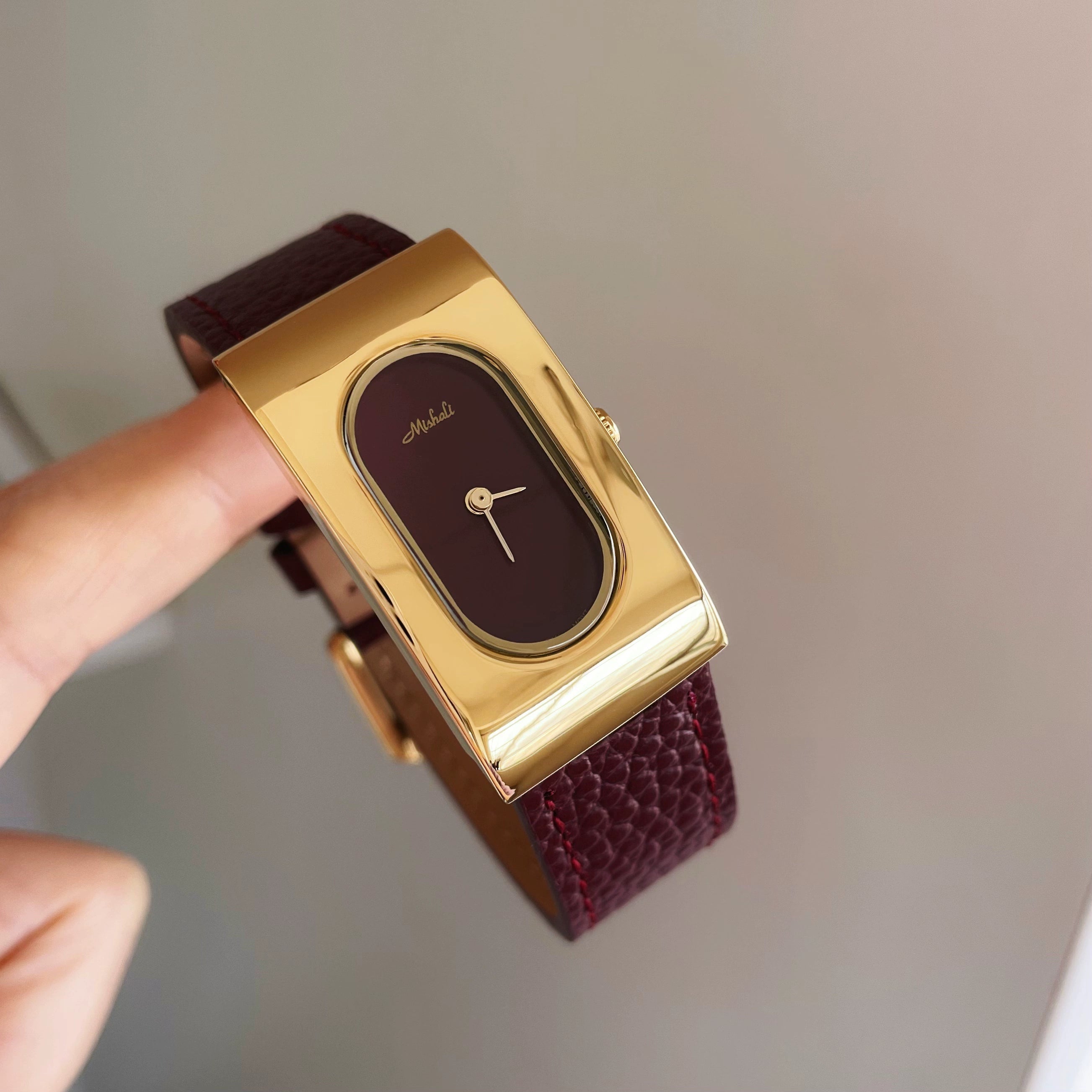 Calianna Heritage Rectangular Watch - Wine Red Gold Case