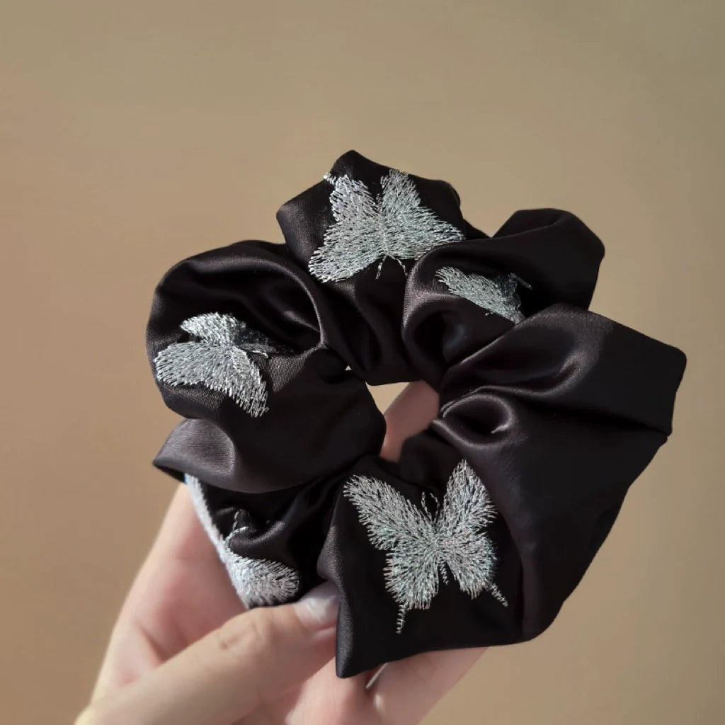 Letti Embroidered Satin Butterfly Scrunchie - Butterfly Hair Tie