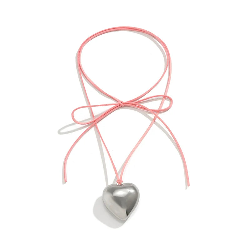 Jariyah Velvet Heart Choker - Pink Velvet Cord Silver