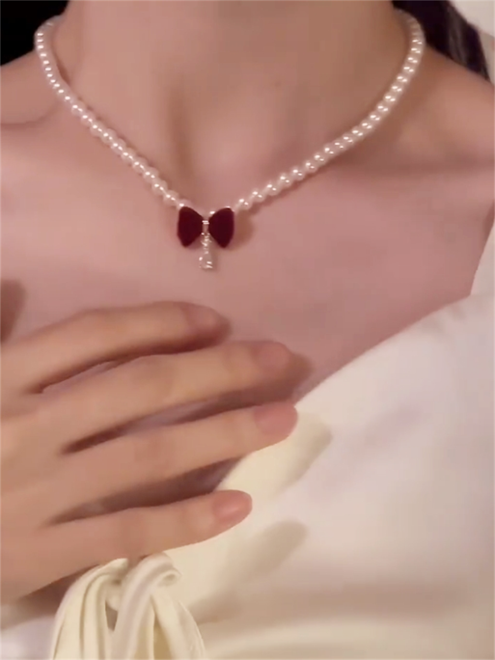 Cady Red Bow Pearl Necklace - Pearl Necklace