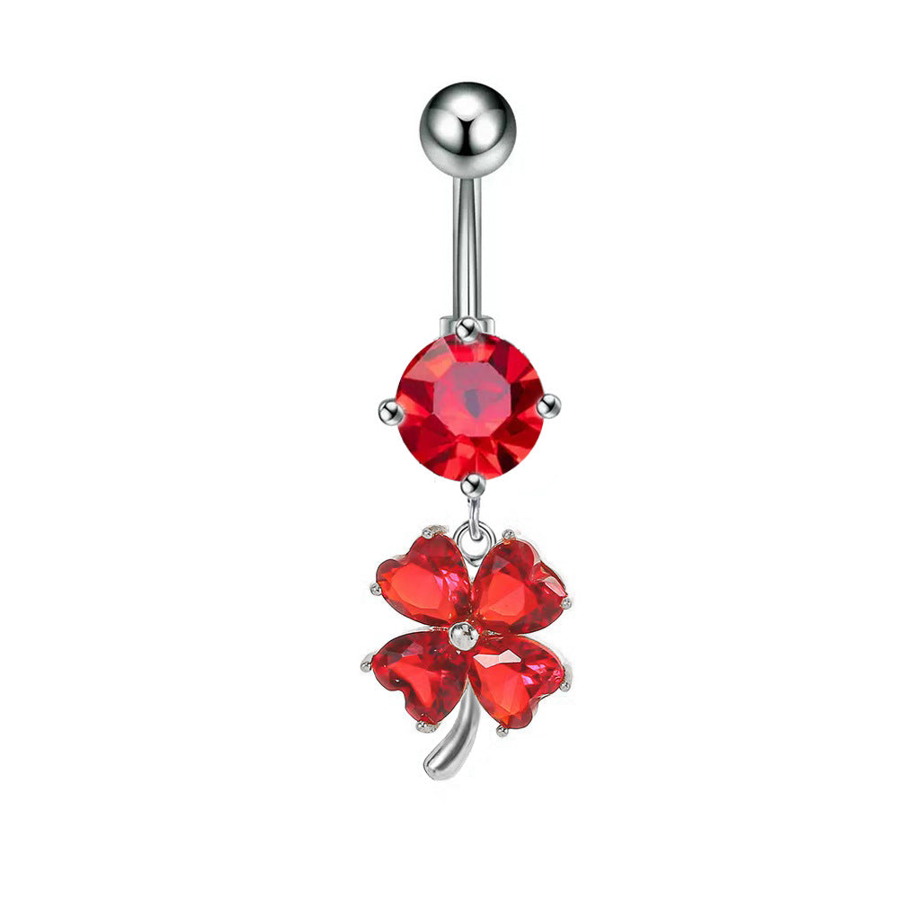 Quinn Zircon Clover Belly Ring - Red (Platinum Tone) [N3B3NODM]