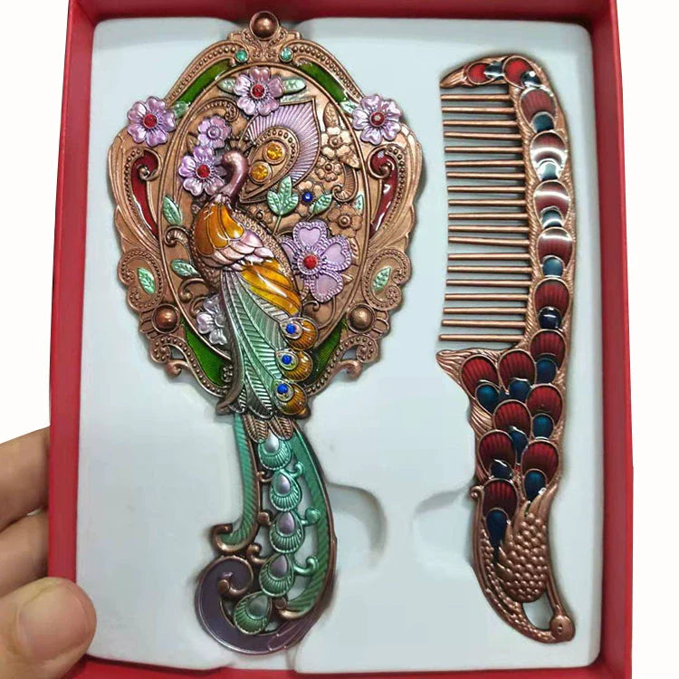 Hillary Vintage Mirror Set - Antique Bronze Single Phoenix - Red Box