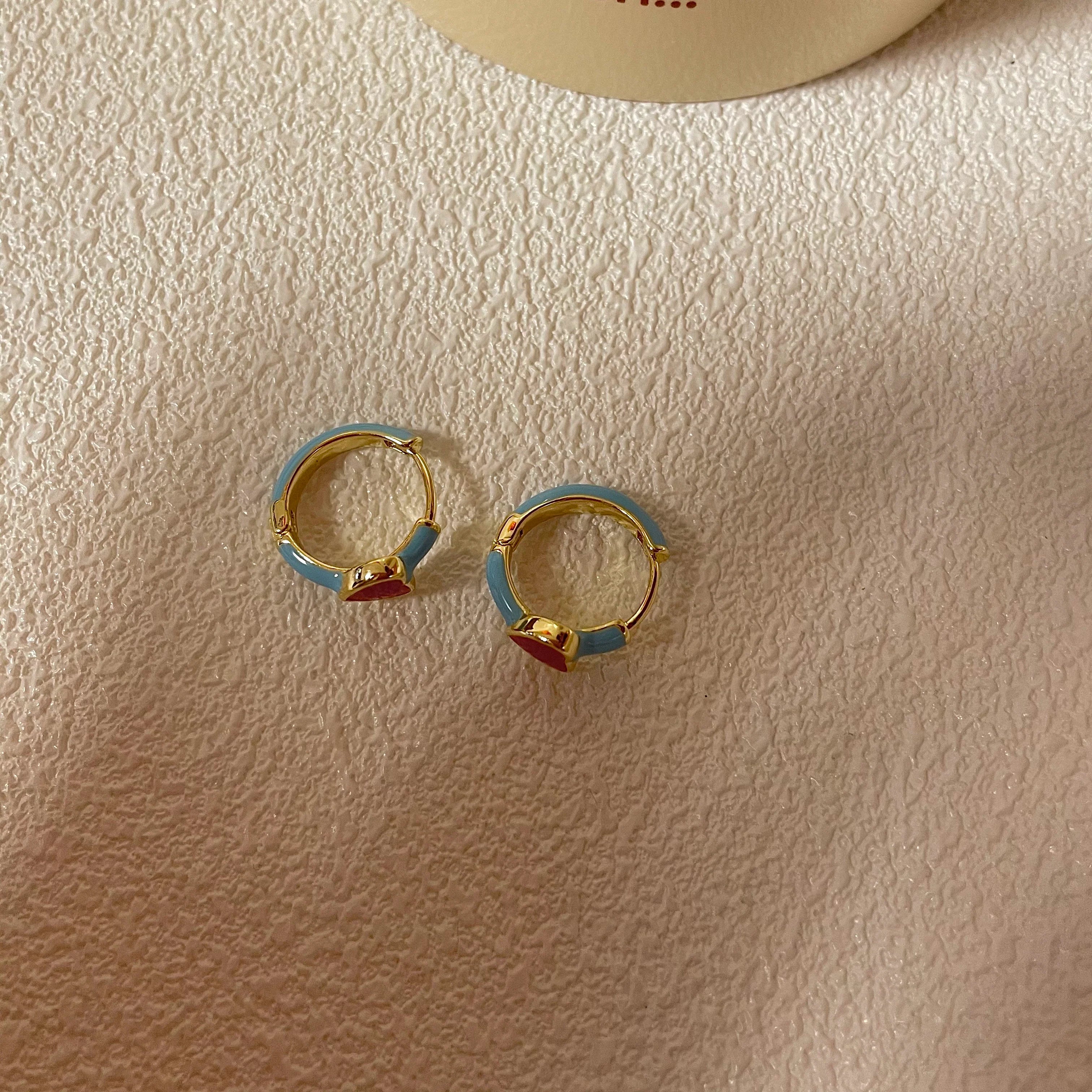 Lennox Enamel Heart Ear Cuffs - Heart Color-Block Earrings (925 Silver Needle)