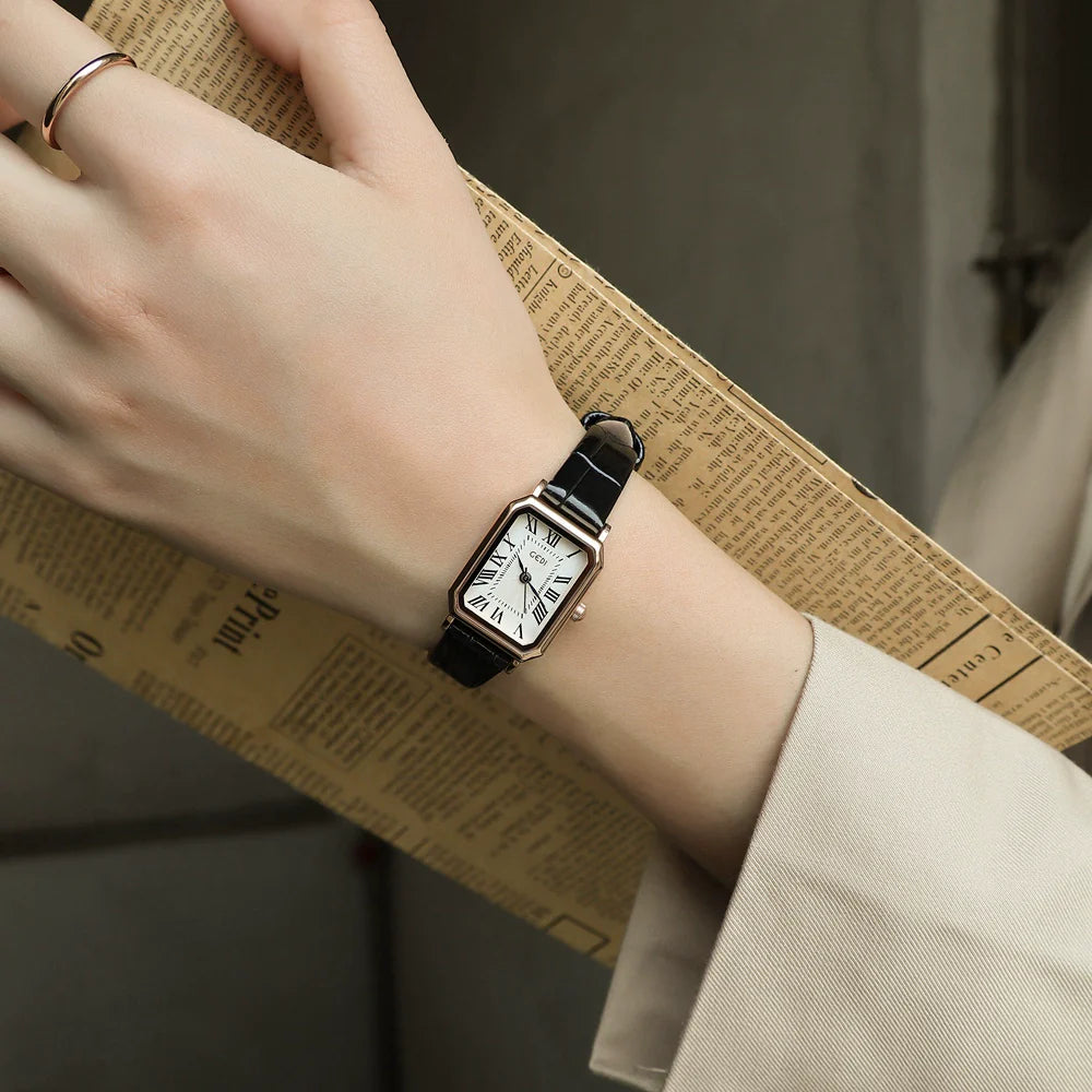 Jhene Retro Square Leather Watch - Elegant Black