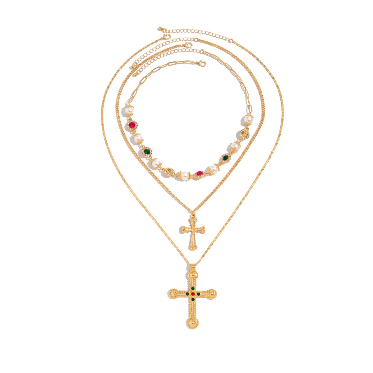Mahi Rhinestone Cross Necklace Set - Gold