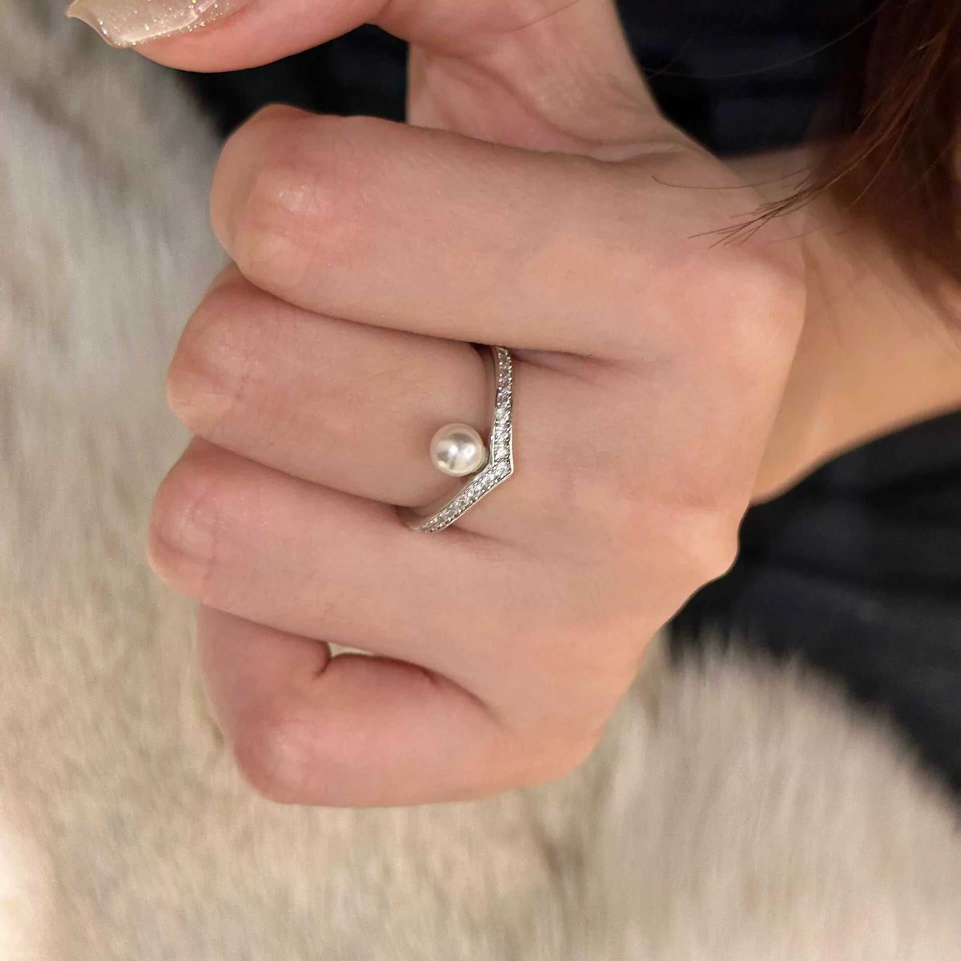 Zanyla Studded V-Shape Pearl Ring - V-Shape Pearl Adjustable Ring