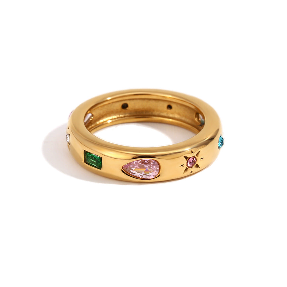 Maimouna Zircon Ring - Rectangular Teardrop Geometric Zircon Ring - Gold Colorful - Size 6 [FYSJLN03]