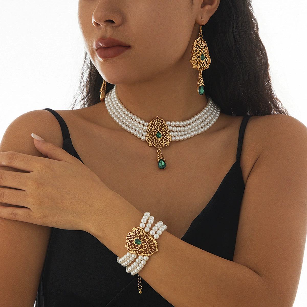 Lou Pearl Floral Collar Necklace - Gold & Green (Style A) [2TSG3XVZ]