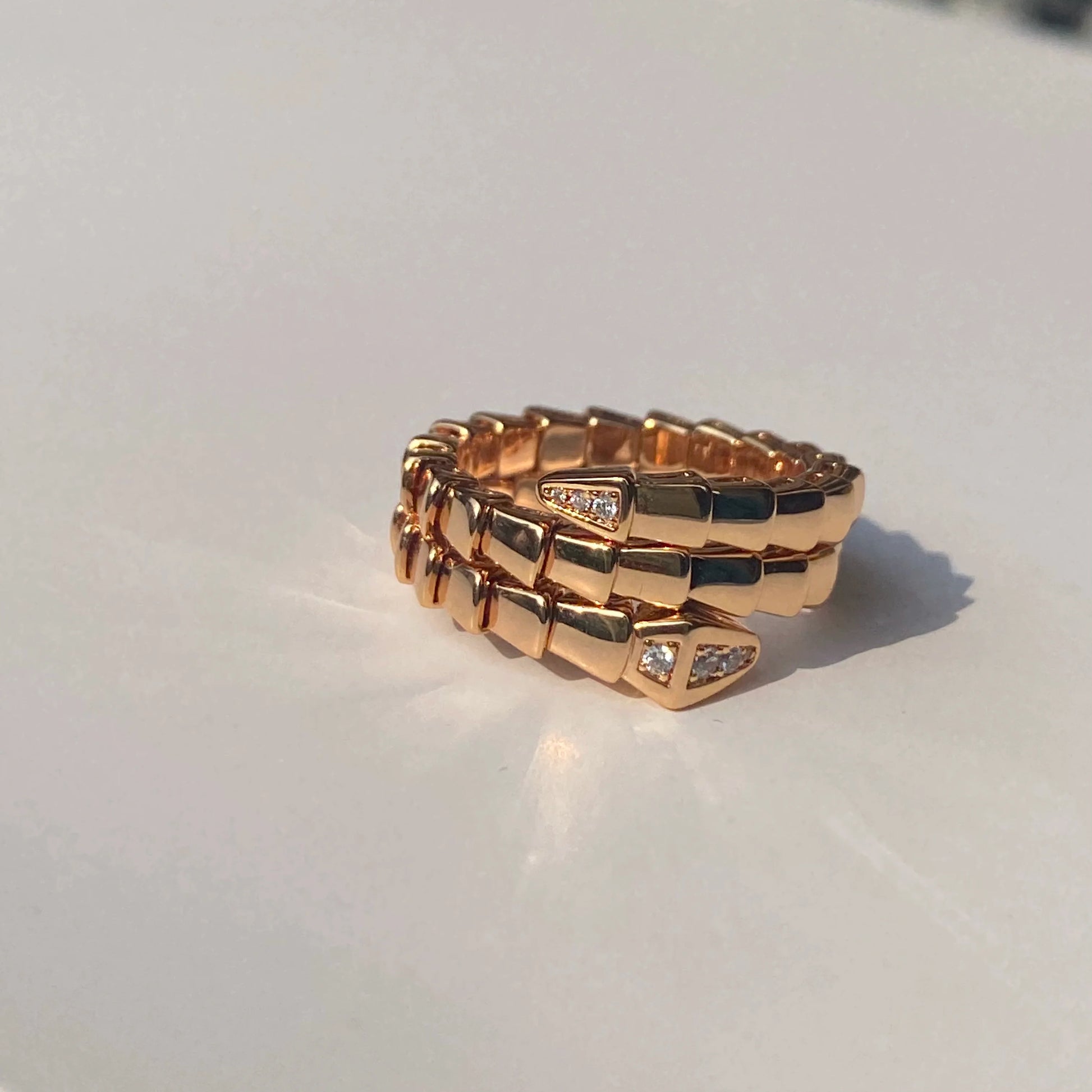 Brionna Serpent Embrace Ring - Rose Gold Three-Coil Narrow Snake Ring with Pave Ends