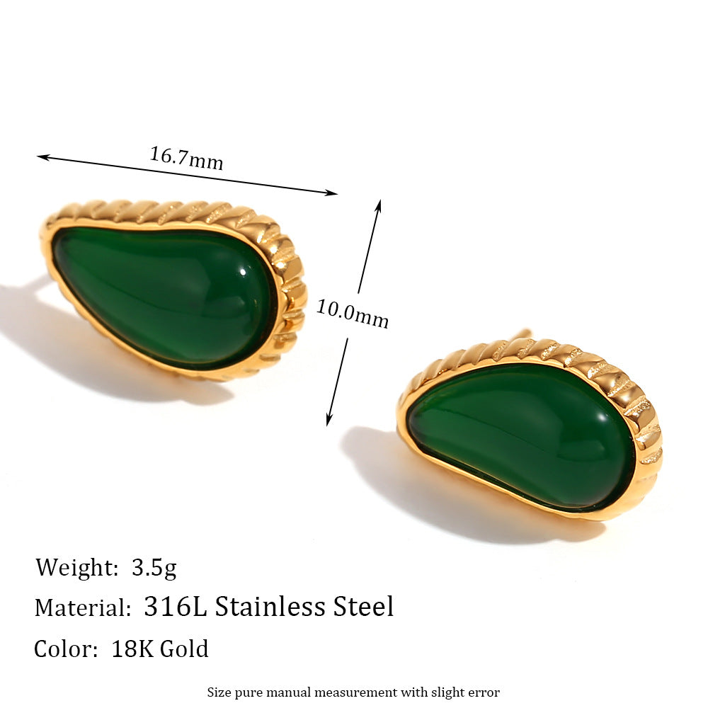 Amberley Hammered Geometric Earrings - Toothed Waterdrop Gemstone Stud Earrings - Gold Dark Green [BKOQIT4D]