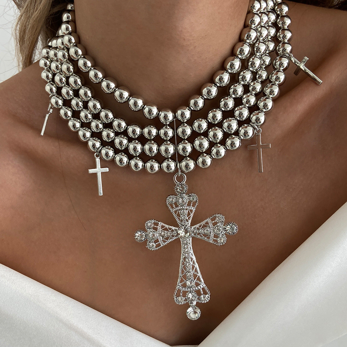 Karolyn Layered Beaded Cross Necklace - Silver [TIJ70GMS]