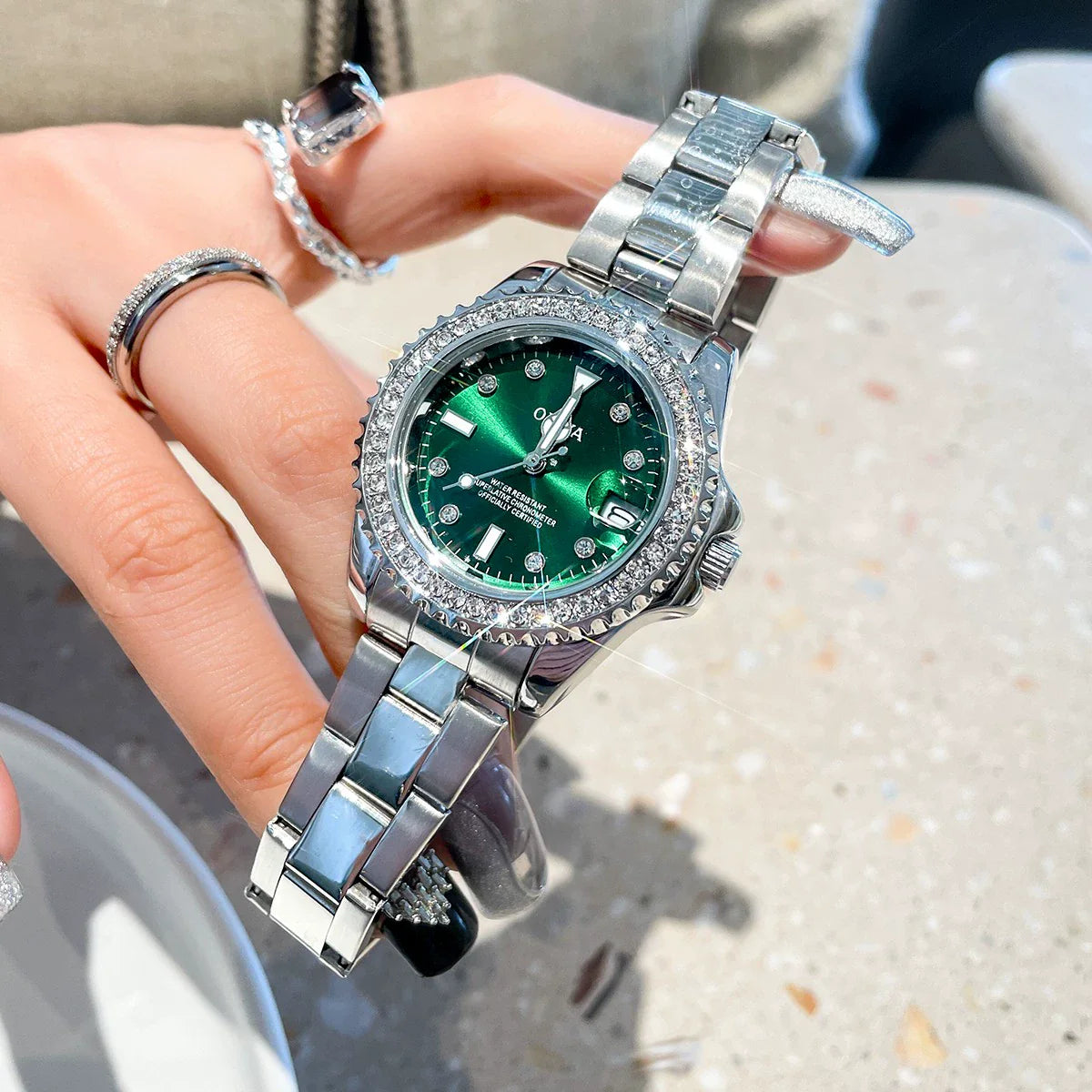 Elleigh Radiant Quartz Watch - Silver Band with Green Dial