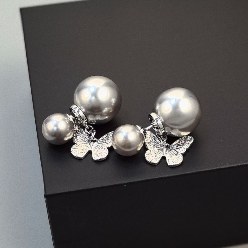 Averie Pearl Butterfly Studs - Silver + Gray [E39JPVVU]