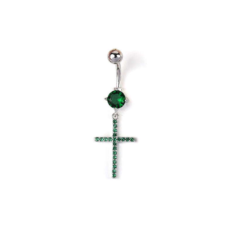 Catherine Zircon Cross Navel Ring - Green (White Gold) [8S8IDZK2]
