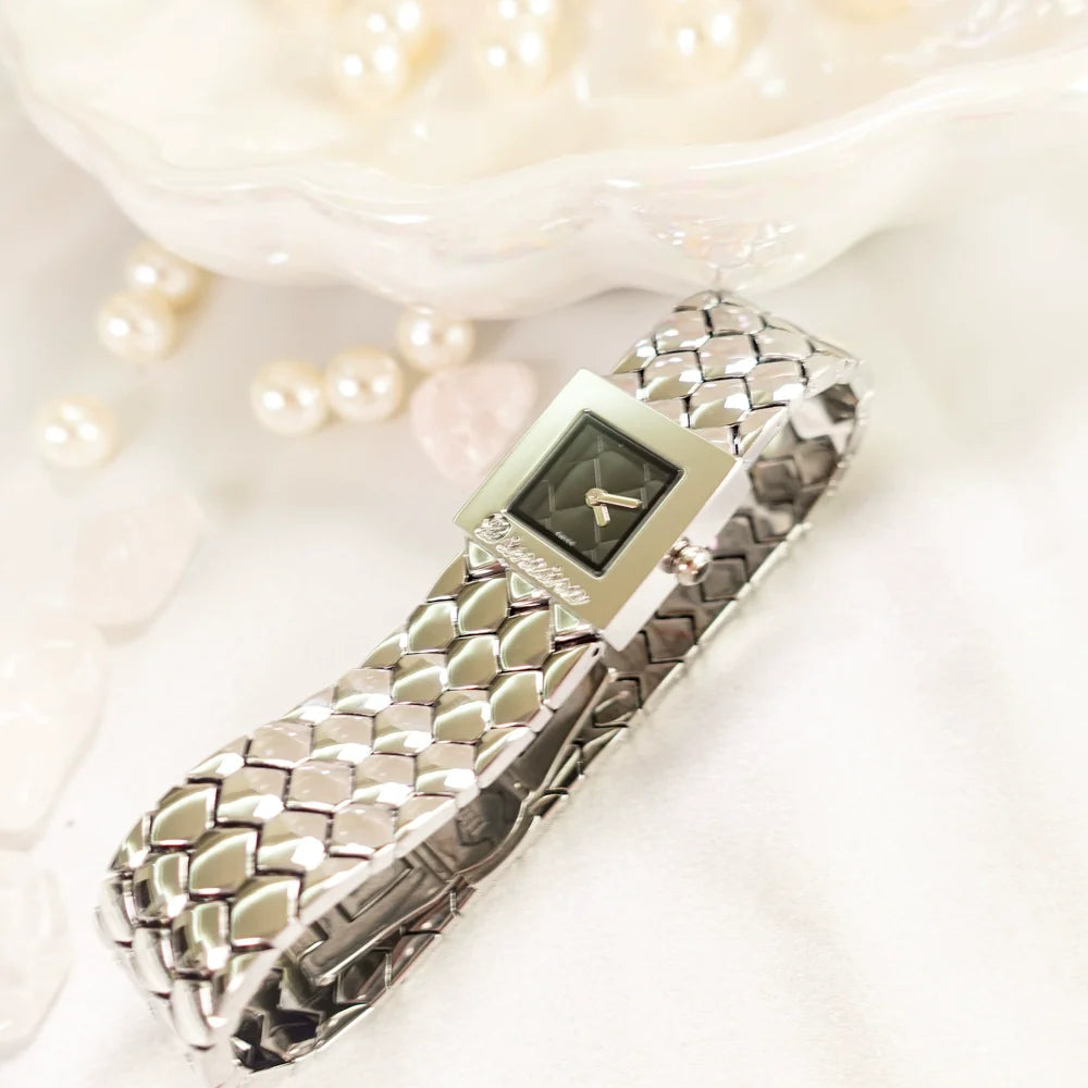 Taylen Quilted Square Watch - Silver with Black Dial