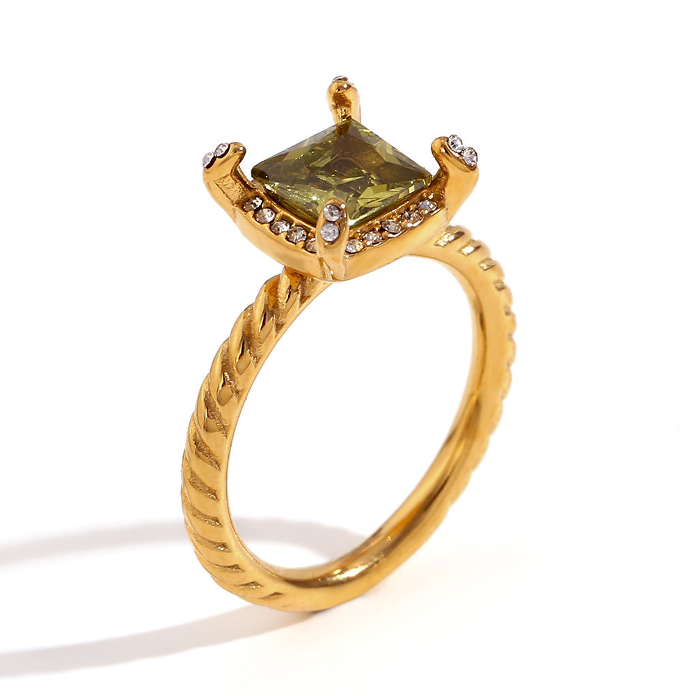 Asa Gold Retro Rings - Square Cut Zircon Twisted Band Ring - Gold Green Zircon - Size 6 [EKIHJR5Z]