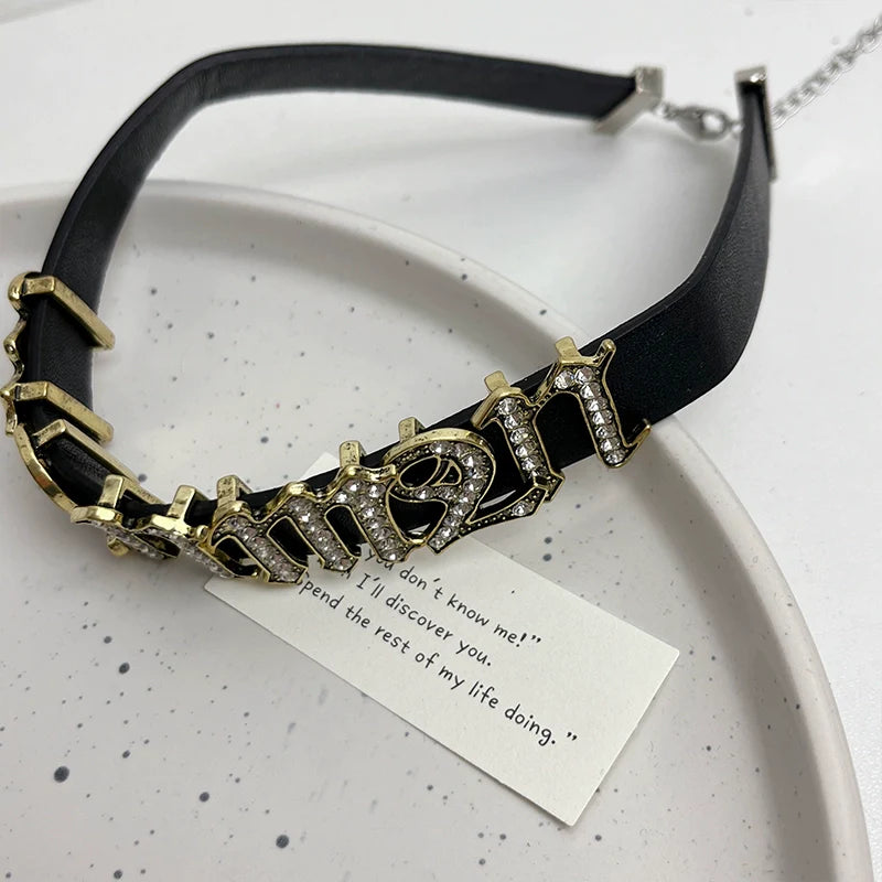Crimson Rhinestone Letter Choker - Leather Letter Necklace