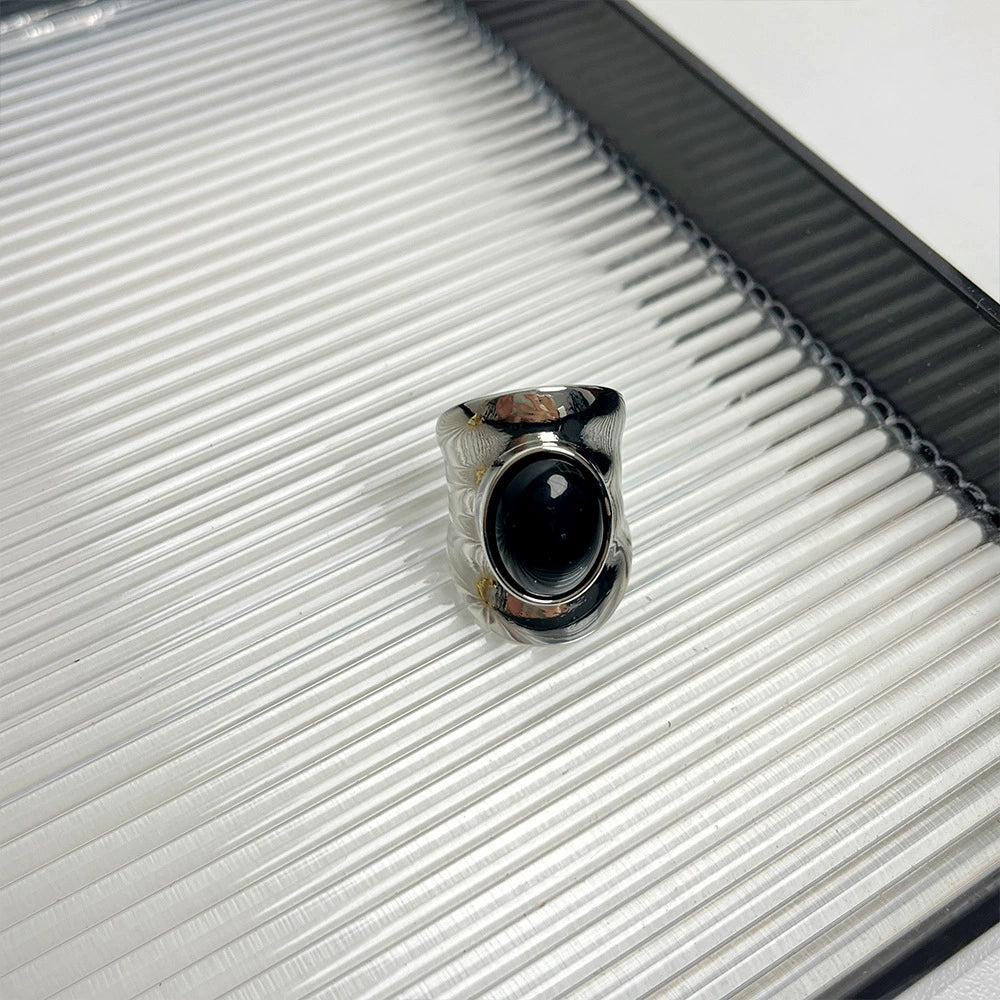 Tinleigh Cat Eye Statement Ring - Black Gemstone Silver Ring