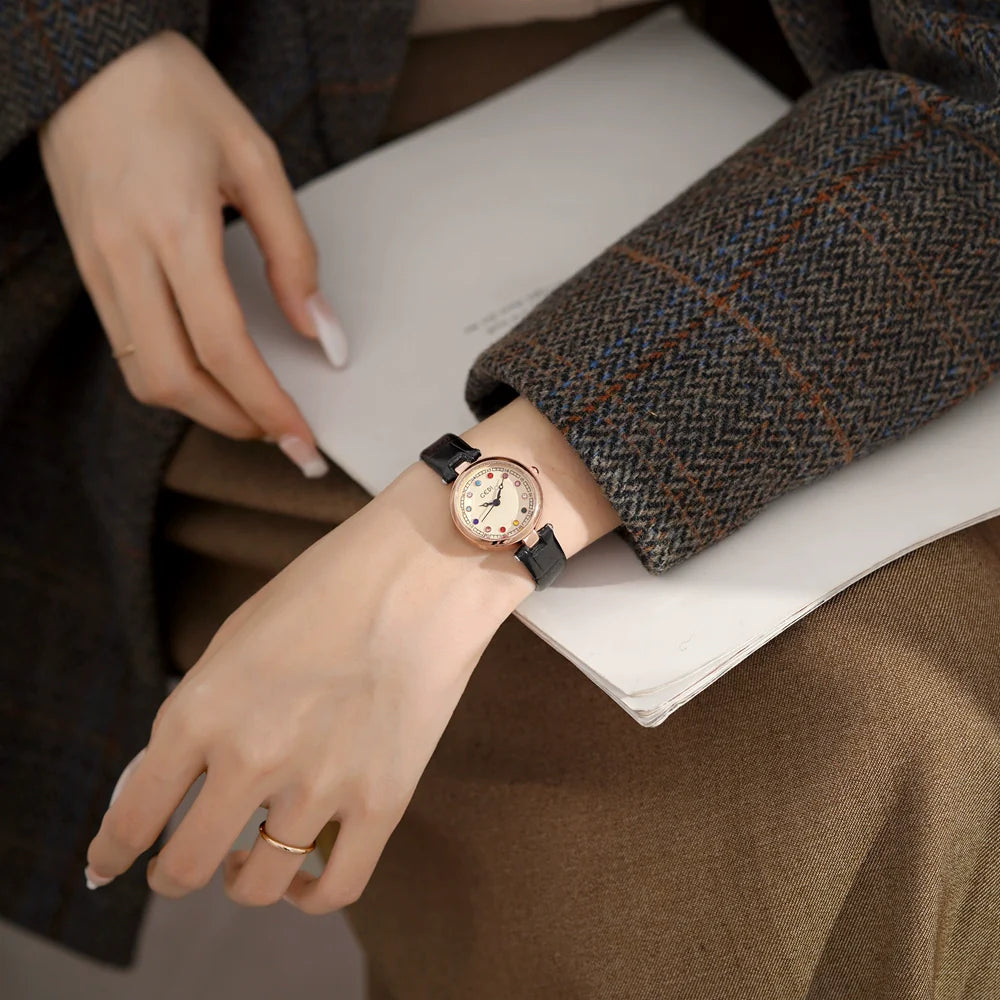 Olyvia Retro Leather Watch - Elegant Black