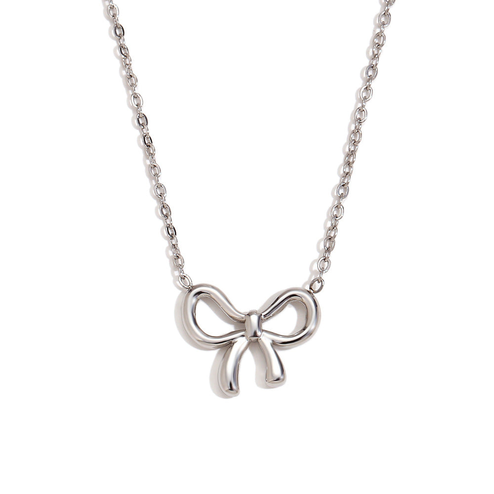 Chavy Sweet Bow Adornment Set - Simple Sweet Bow Pendant Necklace - Steel [IYRGNMDM]