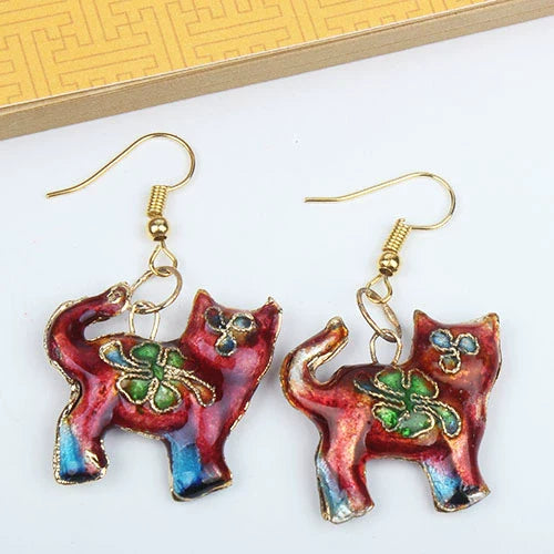 Adia Vintage Enamel Drop Earrings - Wine Red Running Cat