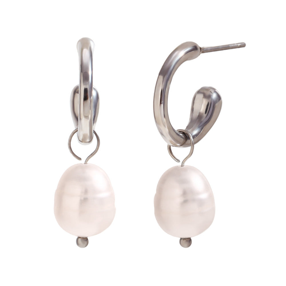 Sama Vintage Gold Drop Earrings - Classic Half-Open Hoop Freshwater Pearl Dangle Earrings - Steel [3WE4XWH3]