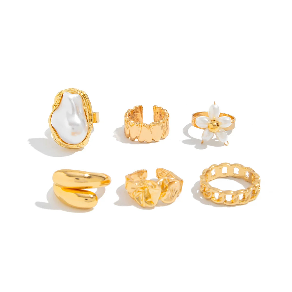 Kamaria Faux Pearl Floral Ring Set - Light Gold