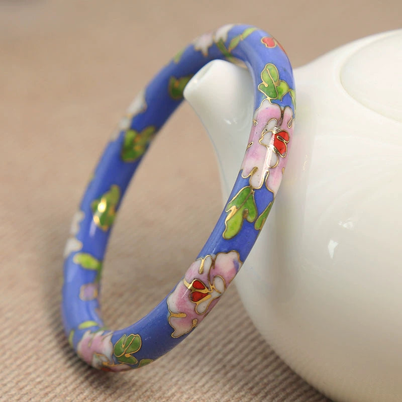 Zoi Floral Cloisonné Bracelet - Lake Blue Peony (8mm Width) [LOGVOZ8K]