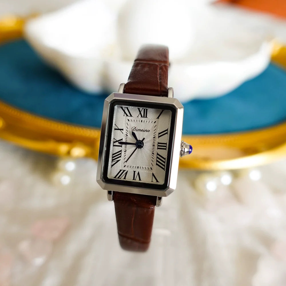 Zoha Roman Numeral Square Watch - Silver Brown Strap