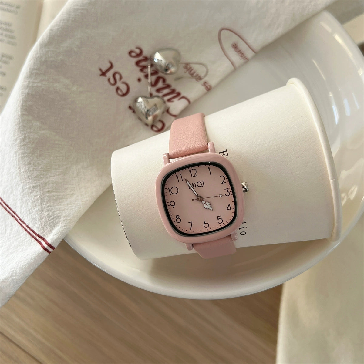 Ariana Modern Square Wrist Watch - Dusty Rose Full Numbers (Leather Strap) [NUNIOVUT]