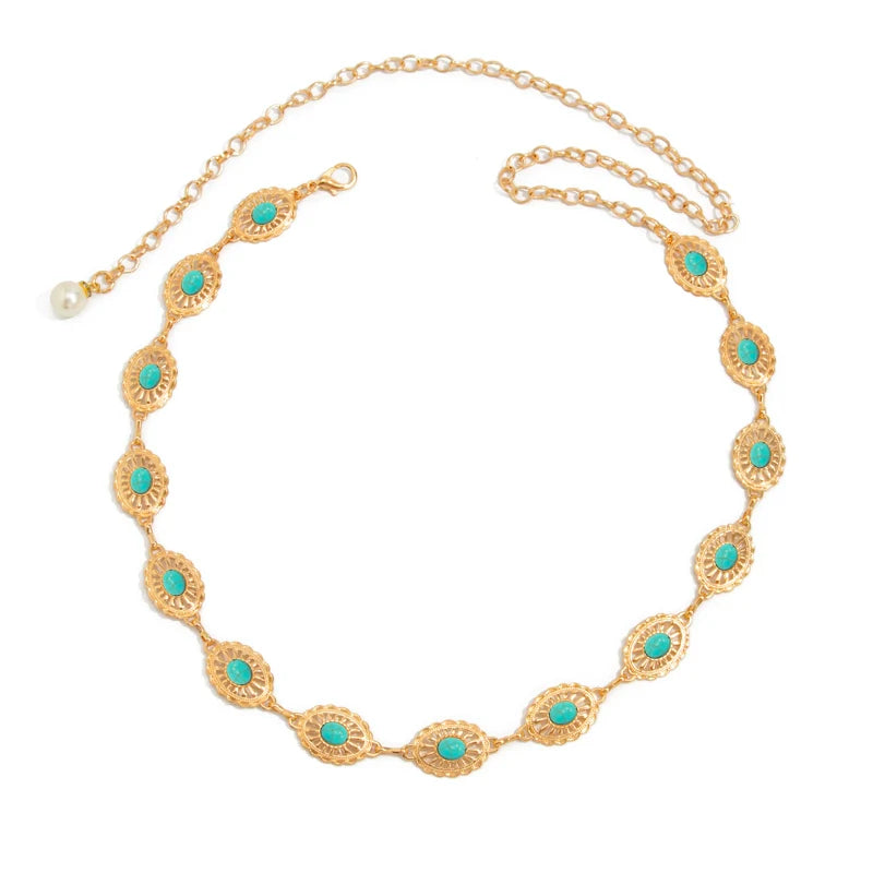 Brissa Faux Pearl Turquoise Waist Chain - Gold/Blue Faux Turquoise