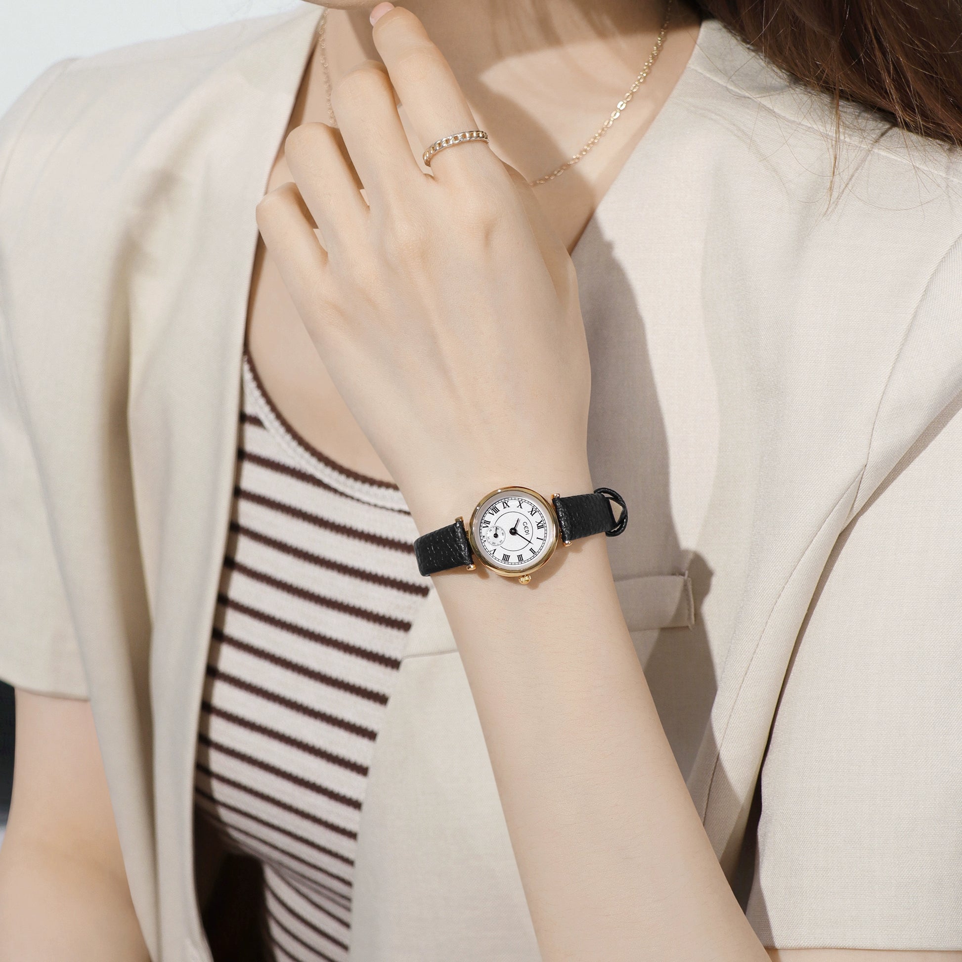 Chizaram Petite Leather Watch - Elegant Black Gold [YDV813VV]
