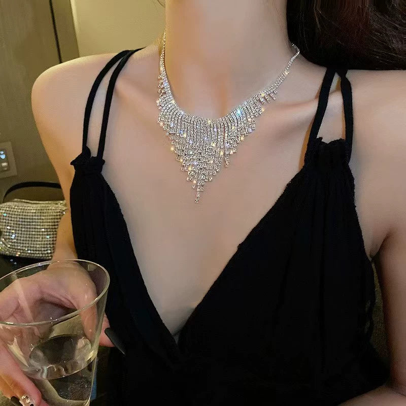 Ethel Diamond Tassel Necklace Set - Full Rhinestone Tassel Necklace [IRP28FWC]