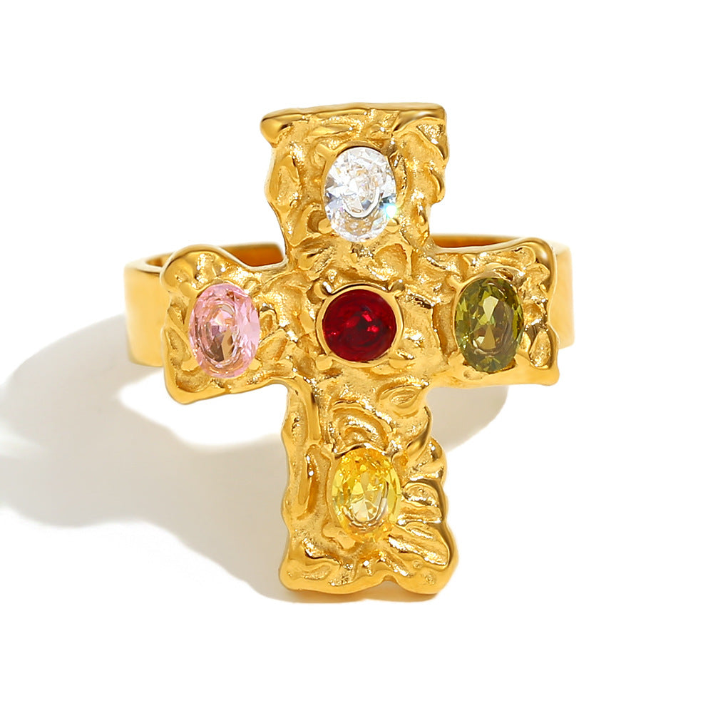 Kynslee Diamond Cross Open Ring - Cross Colorful Diamond Open Ring - Gold [FRZZP5C8]