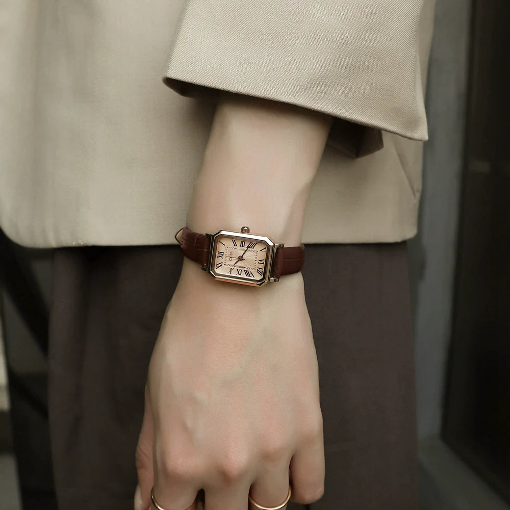 Jhene Retro Square Leather Watch - Mocha Brown