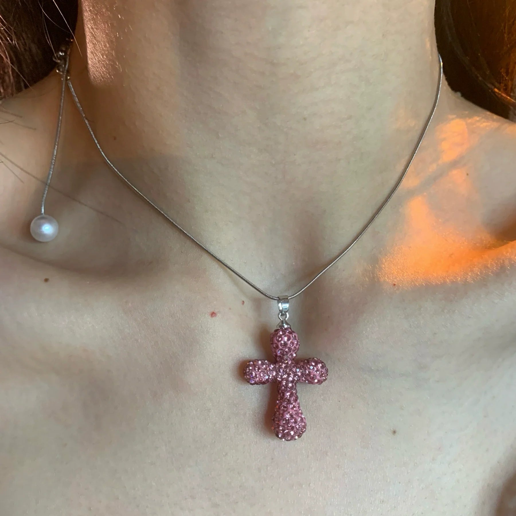 Veronika Rhinestone Cross Choker - Pink