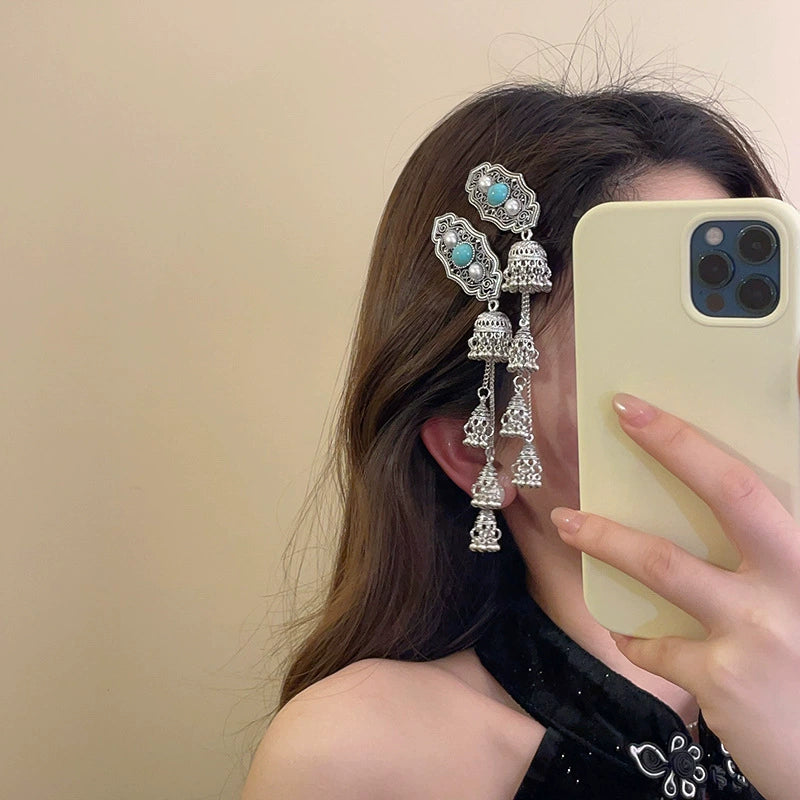 Triniti Turquoise Tassel Hairpin - Duckbill Clip - Silver Single (Long Tassel) [BZHWGA1G]