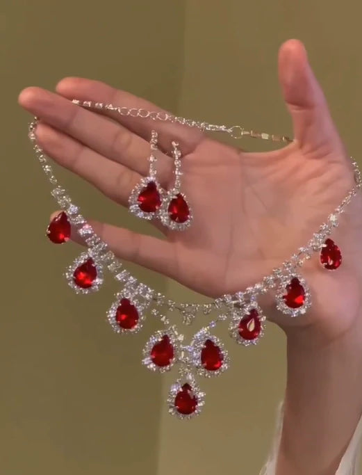 Tyra Ruby Crystal Necklace - Necklace + Earrings