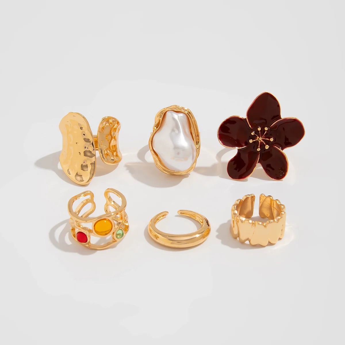 Kasia Baroque Floral Ring Set - Gold Dark Red Flower