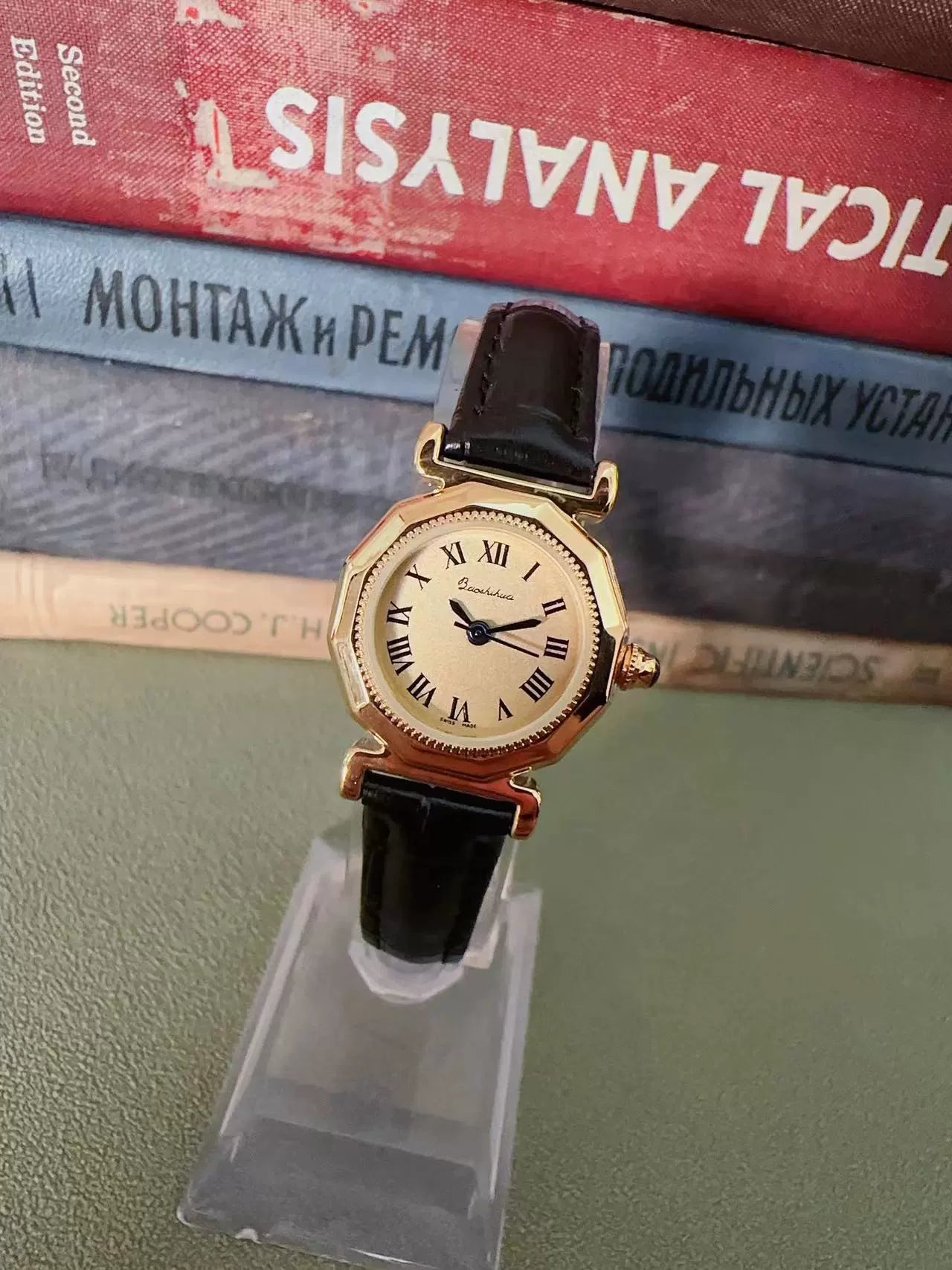 Aaron Vintage Blue Hand Watch - Gold Black Leather Strap with Brown Strap